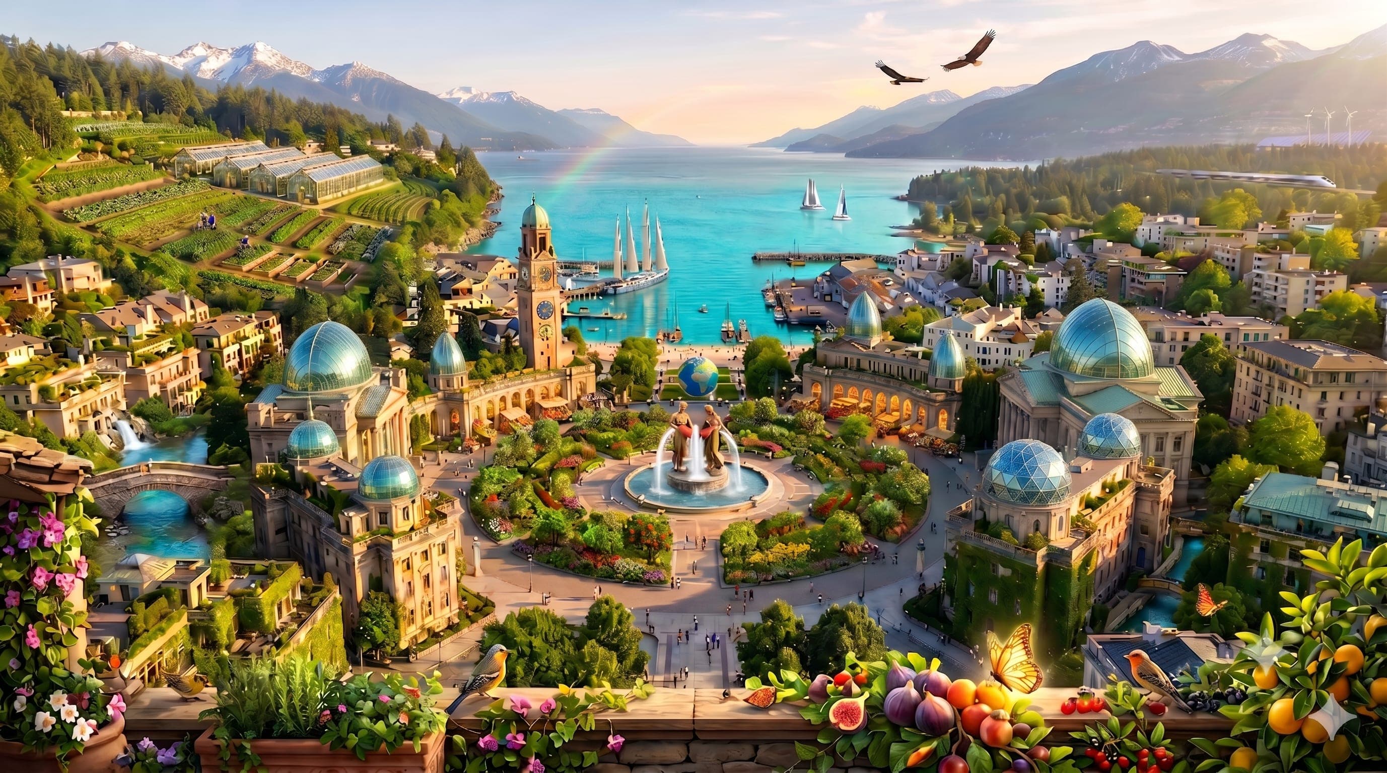 An aerial view of the Oasis village — gardens, gathering places, and waterways woven together